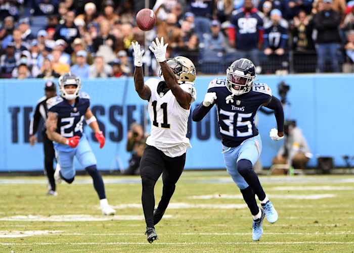 New Orleans Saints wide receiver Deonte Harris (11) makes a diving catch against Tennessee. Mandatory Credit: Steve Roberts-USA TODAY Sports